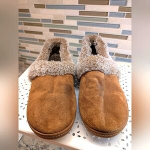 Skechers Womens Cali Memory Foam Faux Fur Trim Slip On Brown Flat Slippe…
